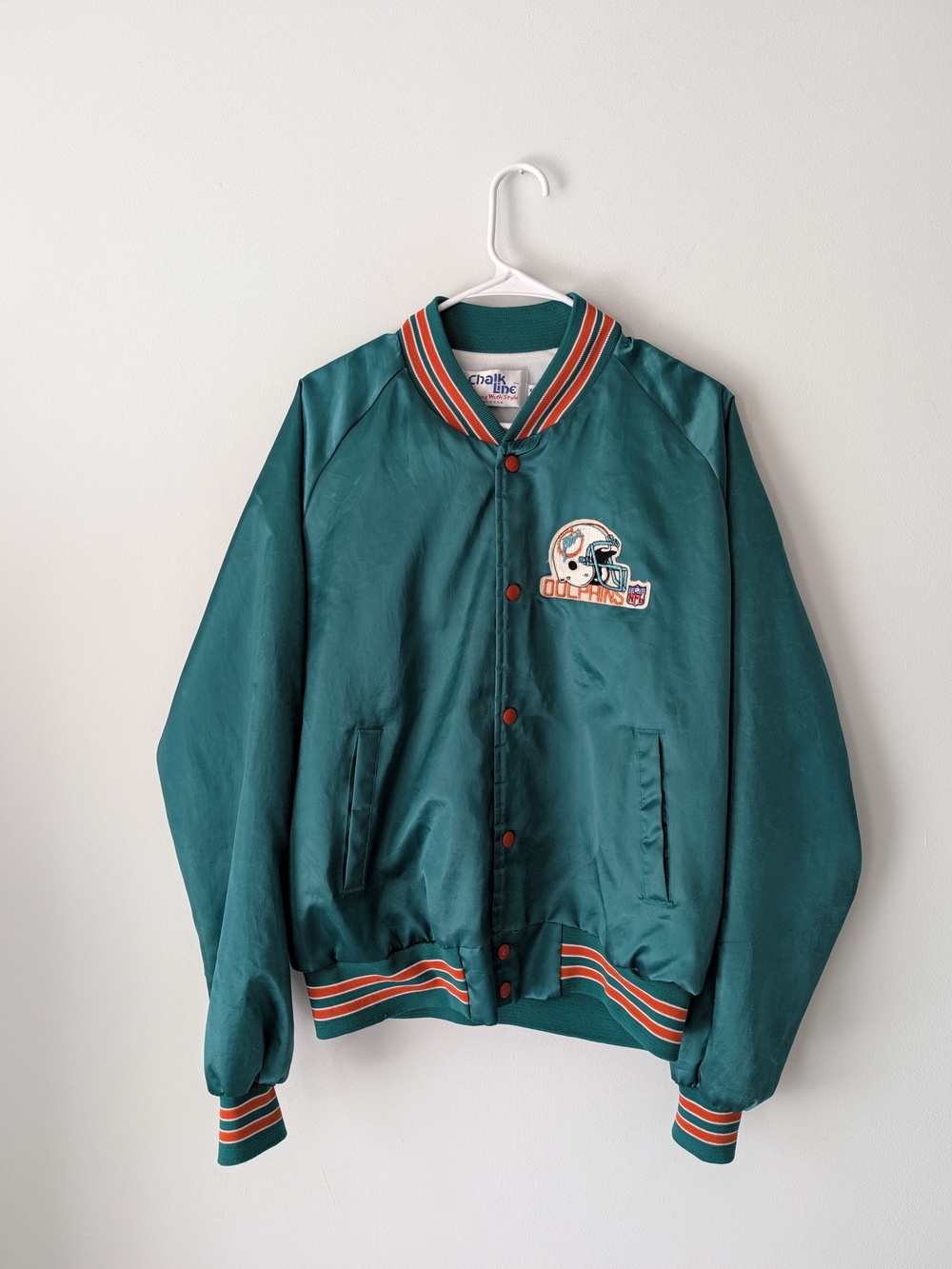 Vintage Miami Dolphins NFL Satin Bomber Jacket - Teal with Orange & White Trim